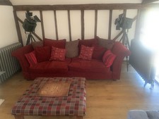 Three Available Three Seater Sofas and Pouffee Settee VGC Plus Cushions Included