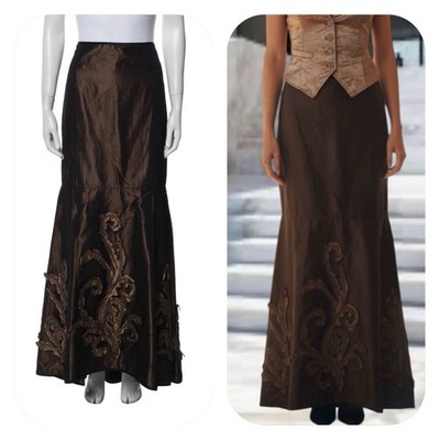 Per Se size 6 brown silk maxi skirt with embroidered accents