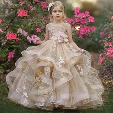 Flower Girl Dress Champagne Sleeveless Tiered Tulle Princess Dress Birthday Gown