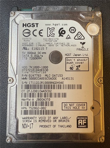HGST, 1TB, 7K1000-1000, HTS721010A9E630, S/N: 171122JR1000BNGDH94E, SATA HDD