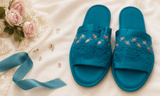 Vintage Vanity Fair Slippers Teal Embroidered Floral Medium 6.5  7.5 USA NWT