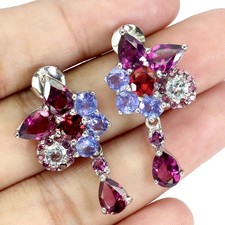 925 Sterling Silver Earrings Pear Rhodolite Garnet 7x5mm Tanzanite Gemstone