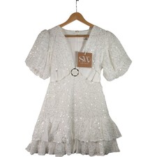 Seven Wonders Sequin Mini Dress Size S Women White Ruffle Hem Party BNWT