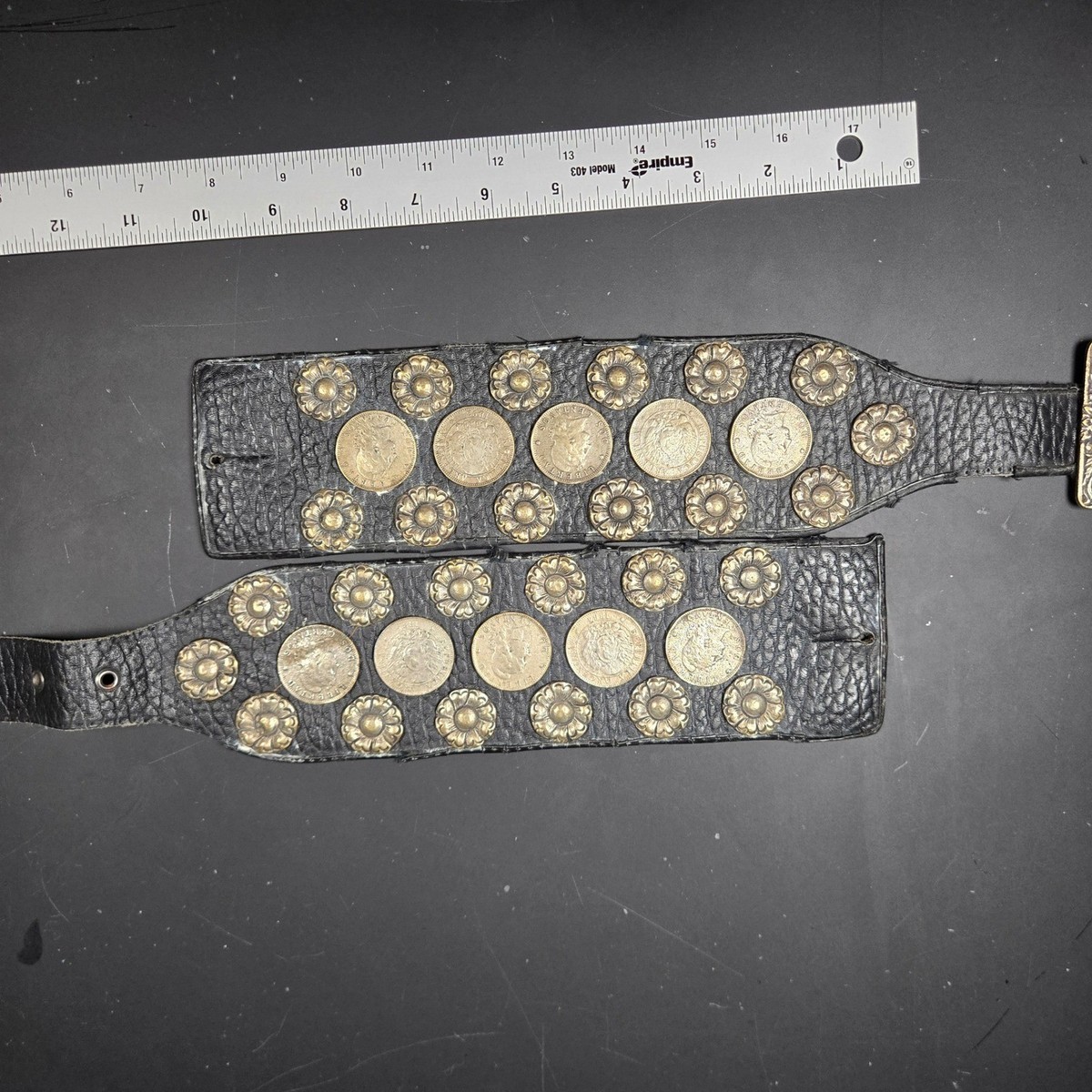 Vintage Black Leather Coin Belt Argentina Libertad Brass  display picture 3