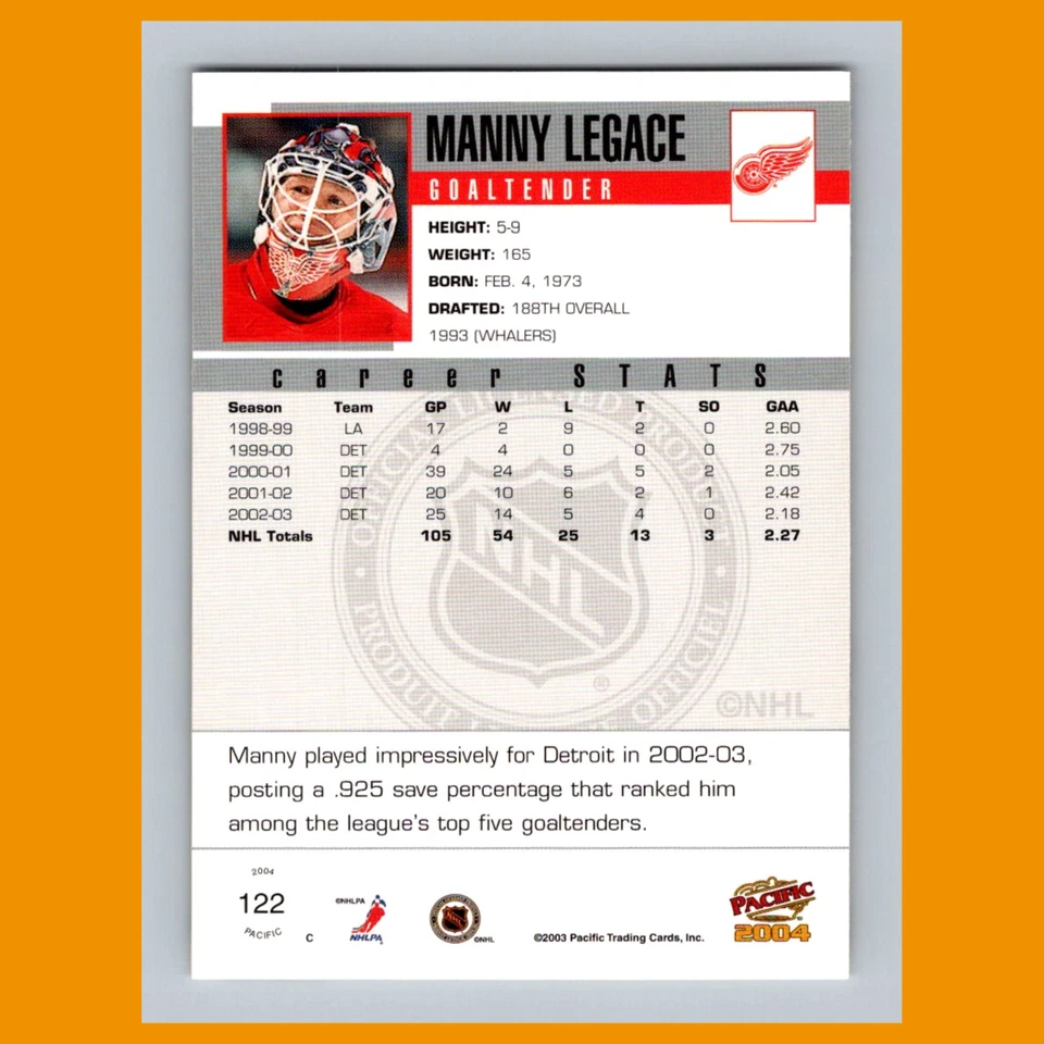Manny Legace #122 2003-04 Pacific Detroit Red Wings Hockey Card NHL - Image 2 of 3
