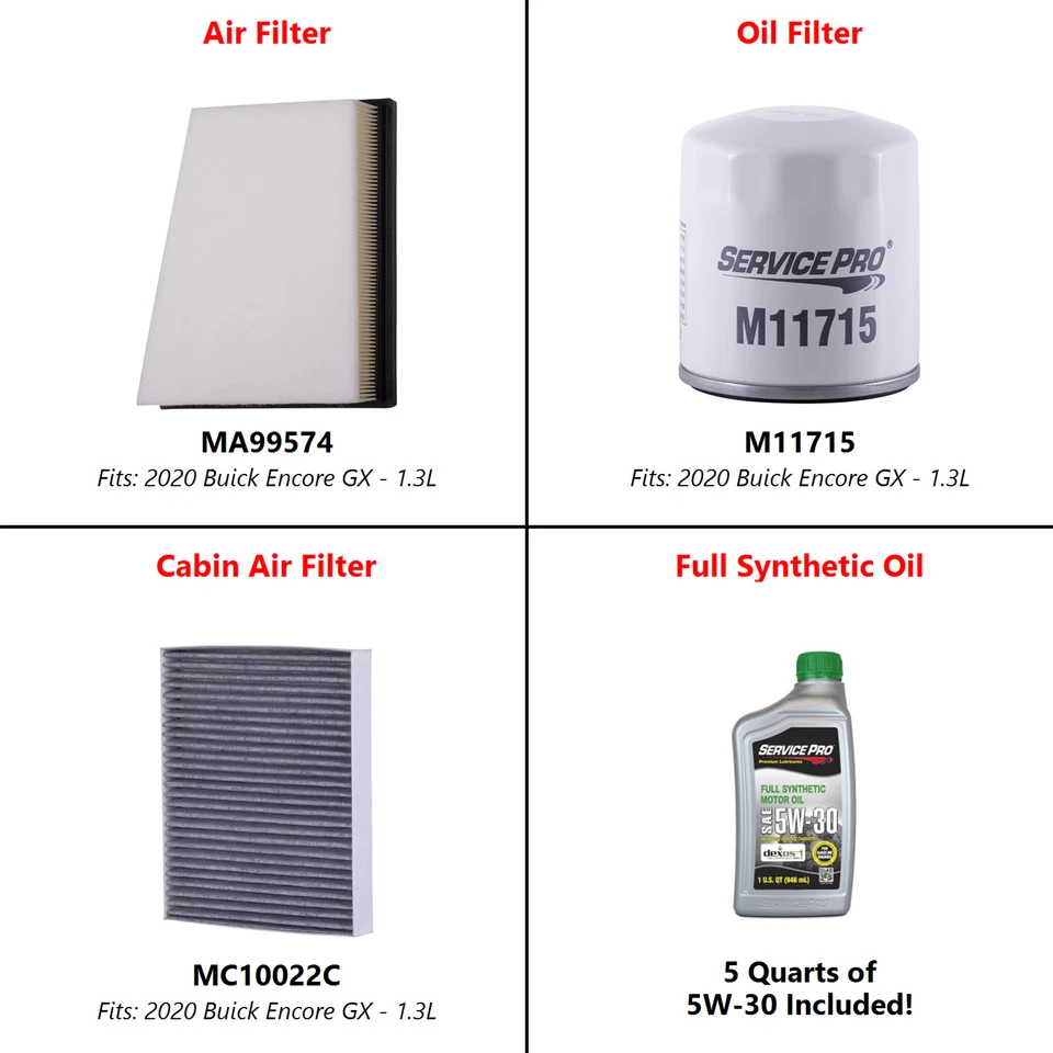 Fits: 2020 Buick Encore GX 1.3L Complete Oil, Air & Cabin Filter Kit (5W-30) Foto 2 de 4