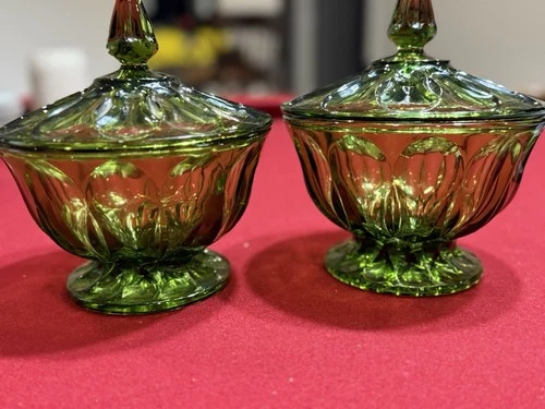 Vintage MCM Anchor Hocking Fairfield Avocado Green Glass Lidded Candy Dishes-(2)