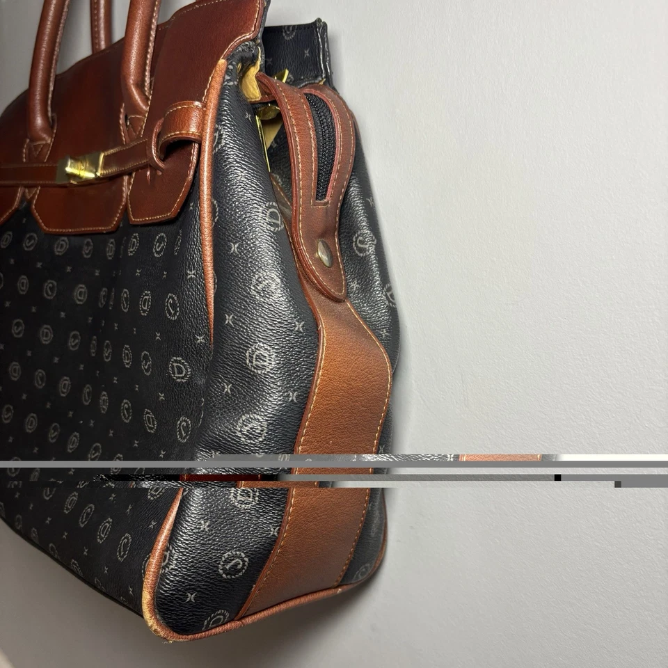 David Jones Paris Monogram Tote Bag Brown Tan Faux Leather Satchel Handbag Large - Image 3 of 4