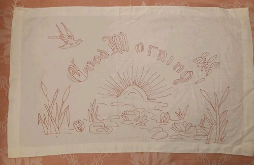 Antique Redwork Good Morning Sun,Water,Bird,Flower Embroidered Bed Pillow Topper
