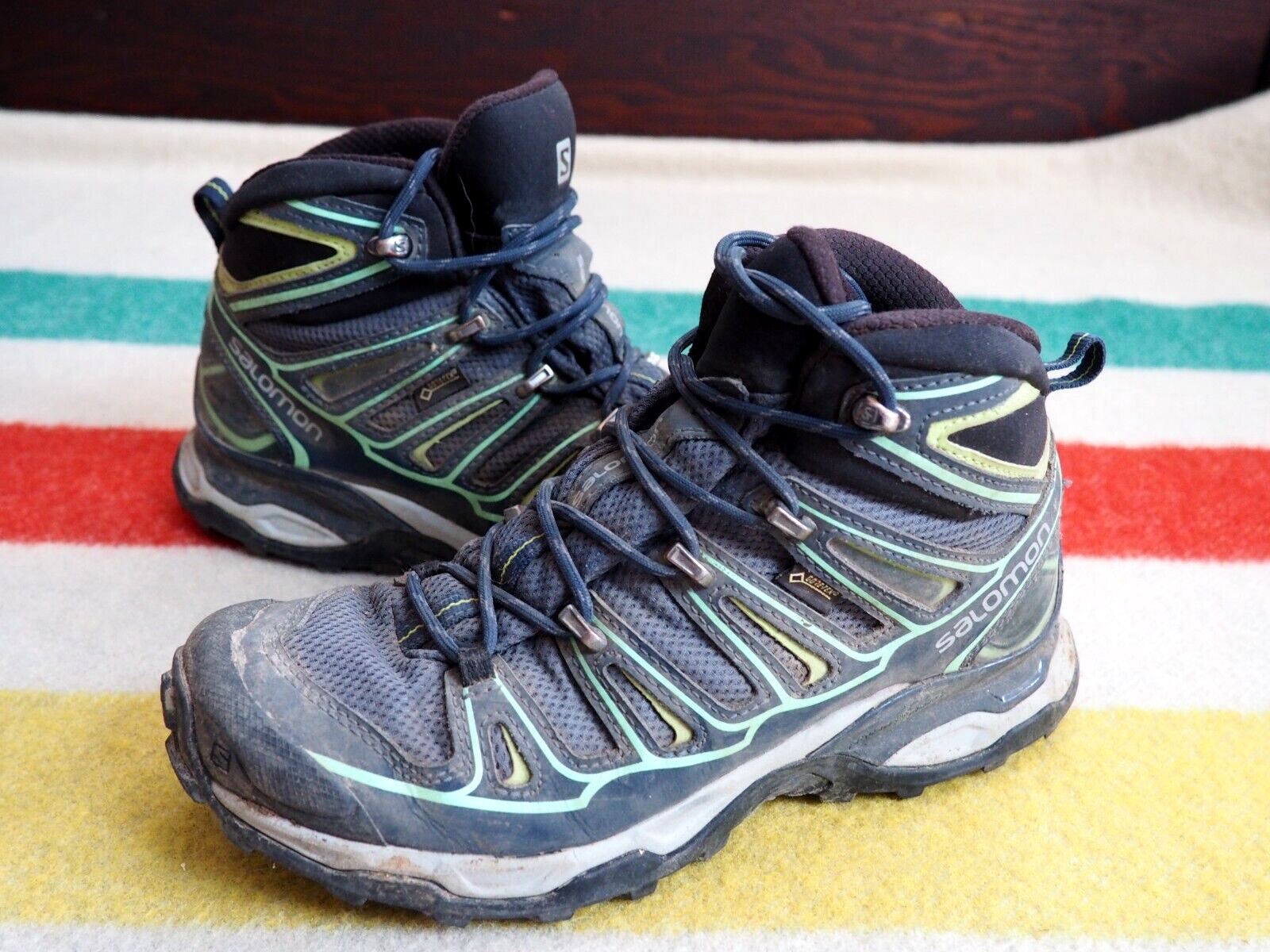 SALOMON X Ultra verdi blu GTX Goretex stivali da trekking outdoor medi donna US 7 ottime condizioni