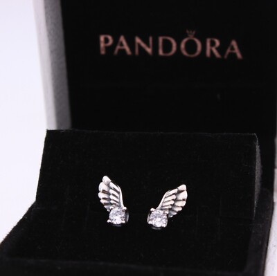 Authentic PANDORA Sparkling Angel Wing Stud Earrings, Clear CZ