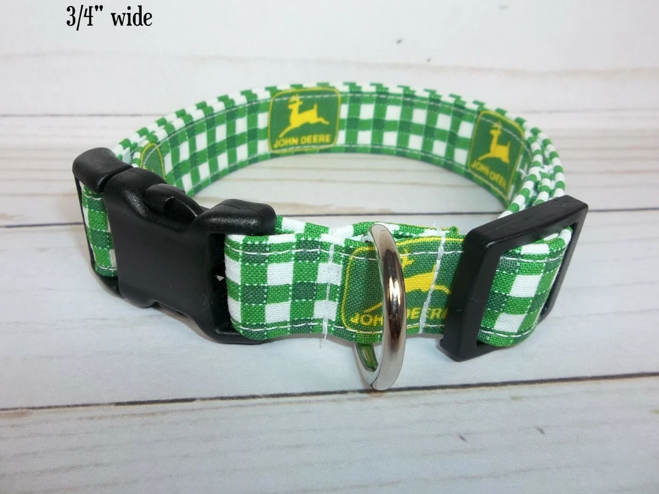 Green White Check Terri's Dog Collar handmade with John Deere Fabric adjustable - Image 2 of 4