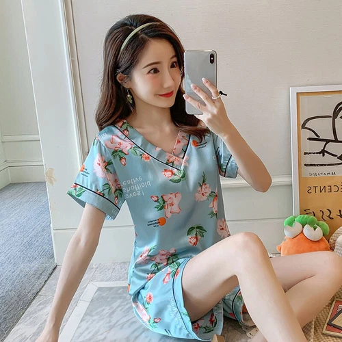 Damen Seide Satin Pyjama Set Kurzarm Nachtwäsche V-Ausschnitt Homewear 2-teilig Pyjama - Bild 14 von 60