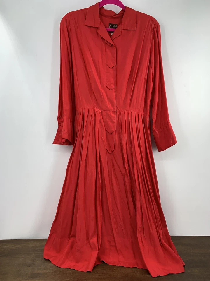 Vestido Camisa Vintage Años 50 Alfred Shaheen Honolulu Raro Rojo Sólido 100% Seda 30"w Foto 3 de 4