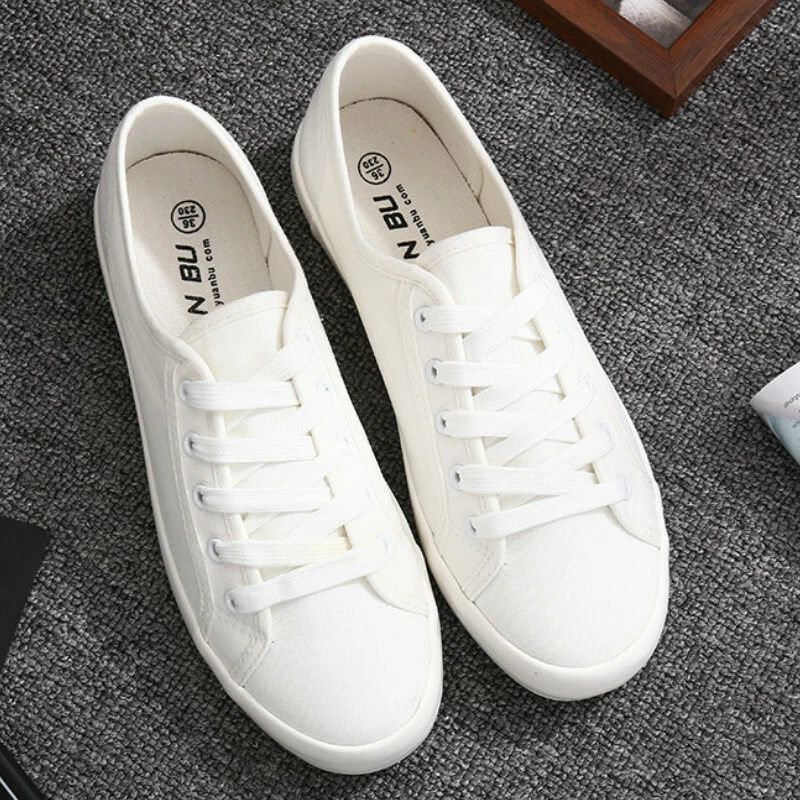Classic Women Lady Canvas Shoes Trainers Plimsoles Flat Lace Up White Black - Image 4 of 4