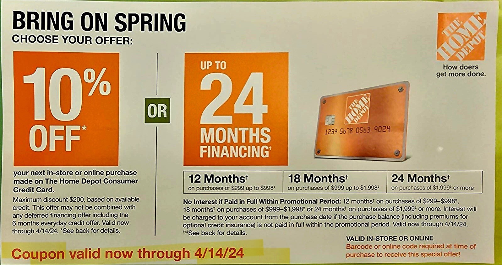 HOME DEPOT COUPON 10 OFF / ONLINE Or STORE24 MOS FINANCING EXP APRIL 14,24 eBay