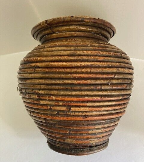 Vintage Mid Century Modern Pencil Reed Basket Vase Hand Woven Coiled ...