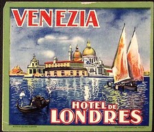 Hotel de Lourdes Venezia ITALY Exterior View Vintage Luggage Label Sailboats