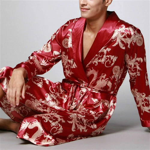 Men Satin Pajamas Robe Dragon Bathrobe Dress Gown Kimono Night Loungewear - Bild 8 von 20