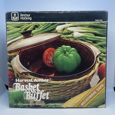 1.5 Qt. Anchor Hocking Harvest Amber Basket Buffet Covered Casserole New