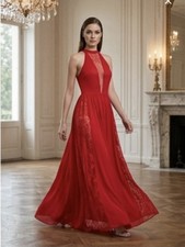 NWT Express Women’s Halter Neck Dress Sleeveless Maxi Lace Red Sz 4, $128