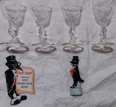 Old Crow Kentucky Bourbon - Set of 4 Cocktail Stemware &Old Crow Memorabilia