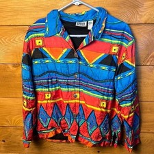 Chicos Design VTG Silk Button Jacket Shacket Abstract Geometric Bold Hippi Art 1