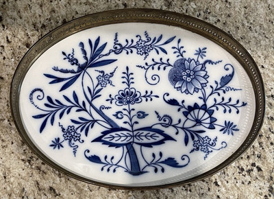 Vtg Porcelain & Metal Oval Serving Tray Blue Danube Meissen Delft Germany READ