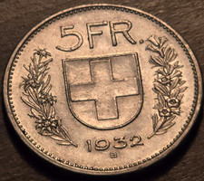 Switzerland 1932-B ~  Herdsman ~ 5 Francs; BEAUTIFUL 90+ Y/O SILVER Swiss Coin!