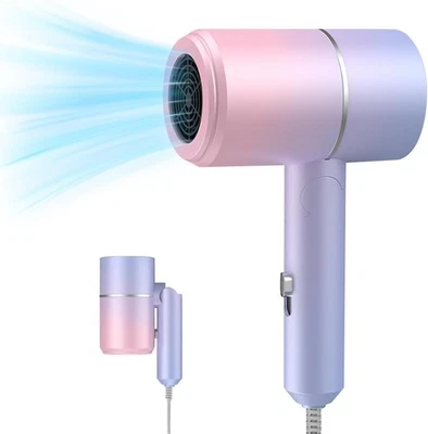 KUWUNG Mini Reise-Haartrockner 800W Ionen, klappbar, leicht, lila, 360° Düse, Kalt/Heiß