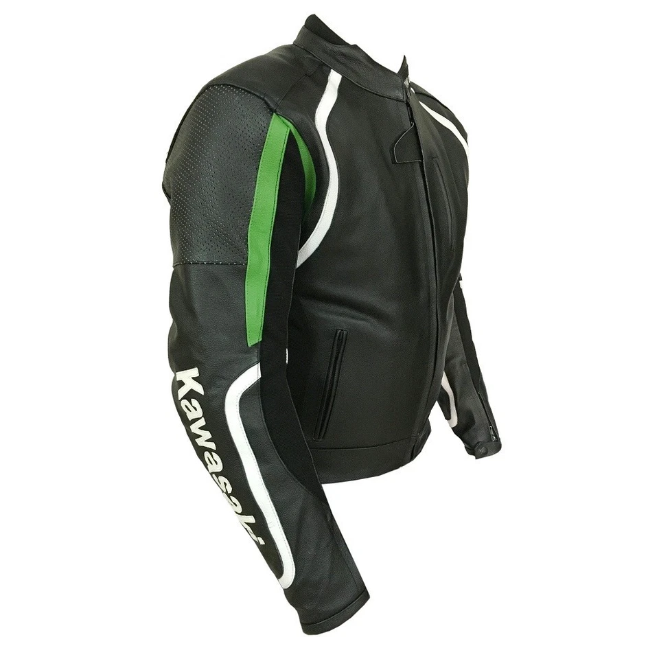 KAWASAKI BLACK MOTORBIKE MOTORCYCLE COWHIDE LEATHER ARMOURED JACKET - Image 3 of 4