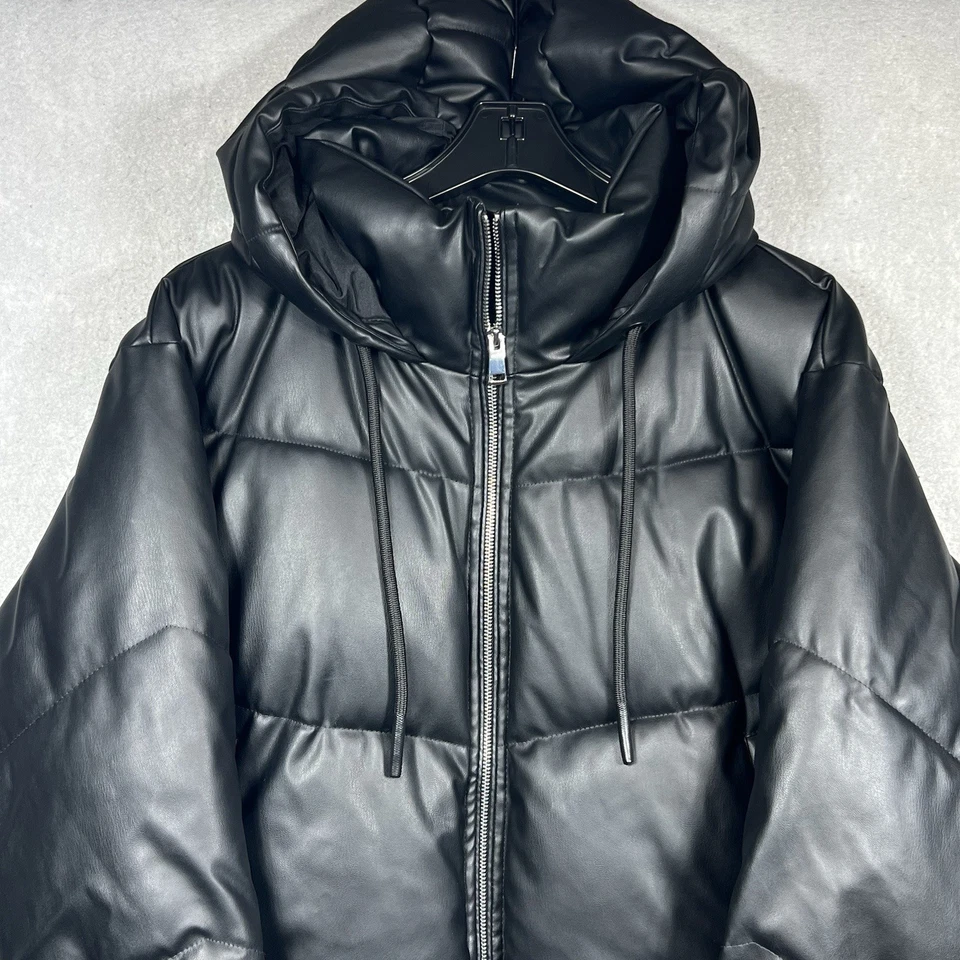 Zara 人造皮革泡泡夹克连帽女式 XL 黑色限量版 — 第 3/4 张图片