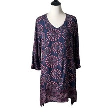 Soft Surroundings Motif Ethnic Print Tunic Top Size S/M Blue Pink Pockets BOHO