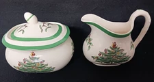 Vintage Spode Christmas Tree Creamer and Sugar Bowl W/ Lid Set England