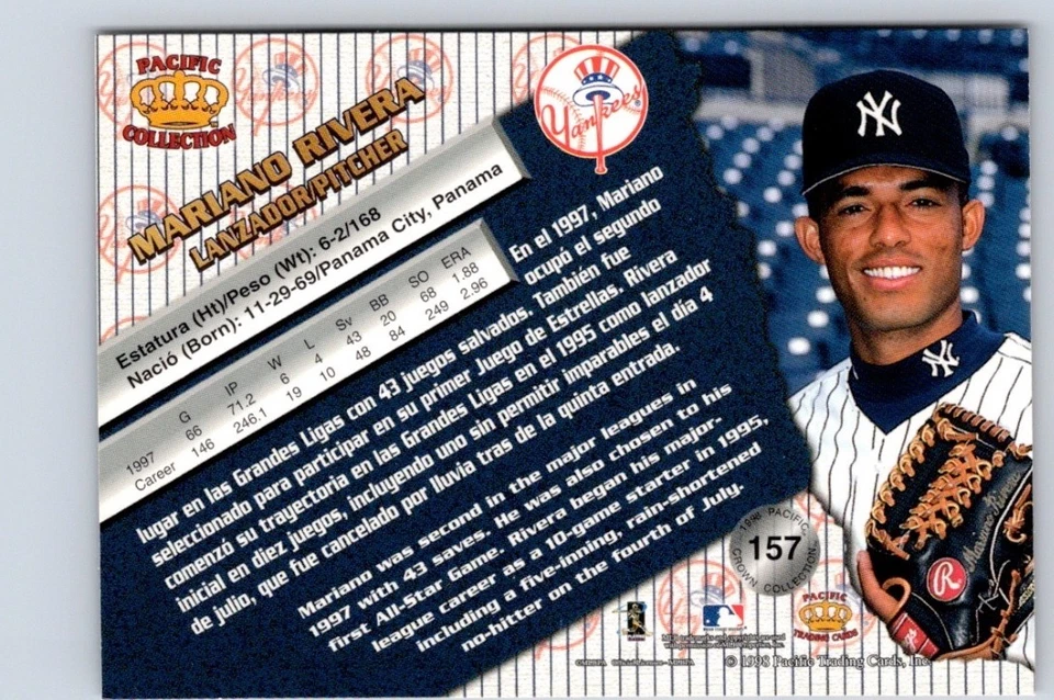 1998 PACIFIC COLLECTION MARIANO RIVERA #157 BASEBALL CARD NEW YORK YANKEES - Image 2 of 2