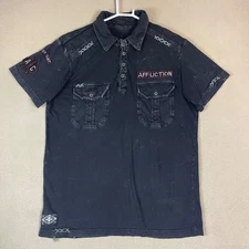 Affliction Men's Black Short Sleeve Polo Shirt Size M Ace Spades Graphic