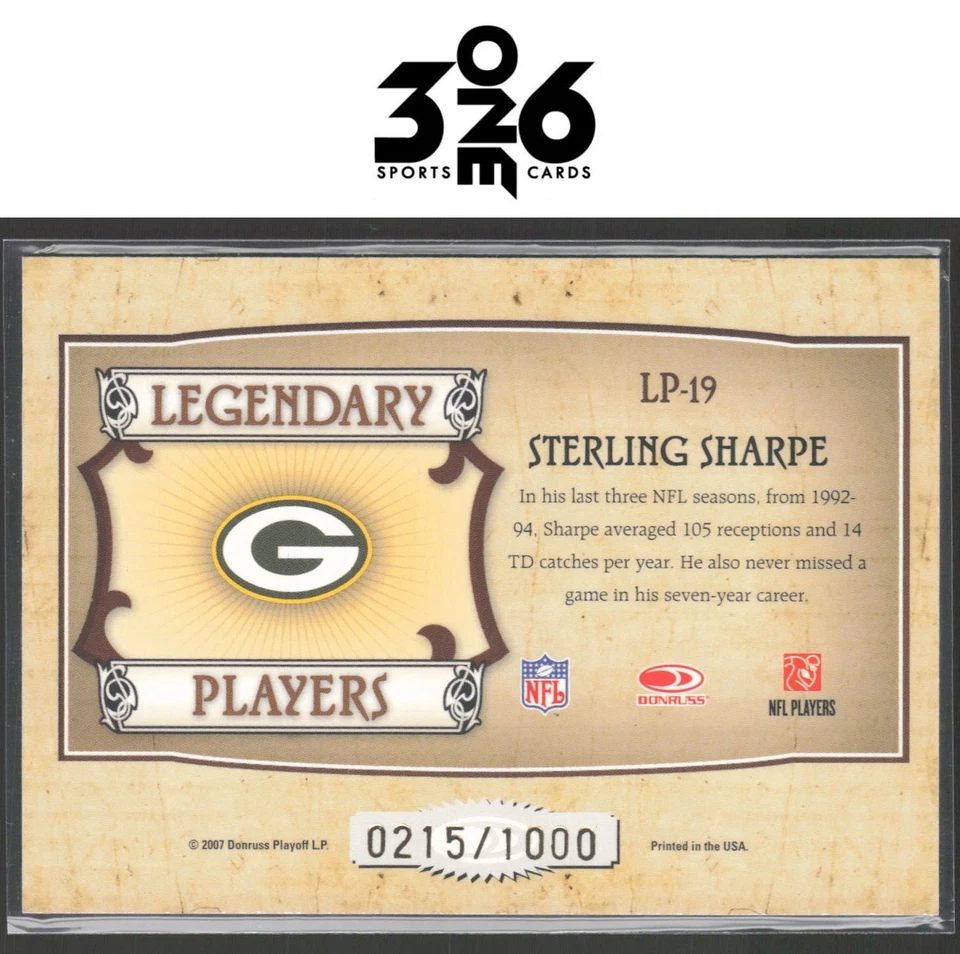 Sterling Sharpe 2007 Donruss Classics Legendary Players Bronze #LP-19 #/1000 - Image 2 of 2