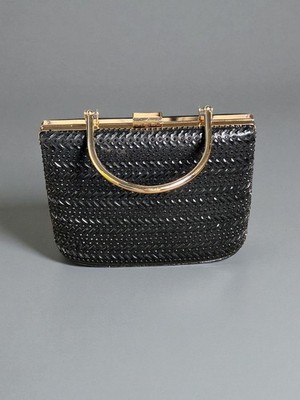 Black Chevron Evening Clutch Gold Frame Handle Formal Vintage Style NIB