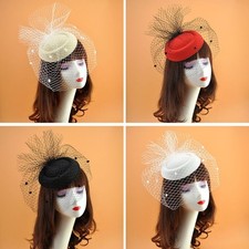 Womens Felt Fascinator Hat Mesh Veil Small Plush Wave Point Hair Clips