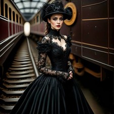 Gothic Black Wedding Dress Lace Long Sleeves High Collar Pleats Satin Ball Gown