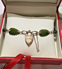 British Carved Green Jade Jadeite Leaf 14K Gold Heart Padlock  7