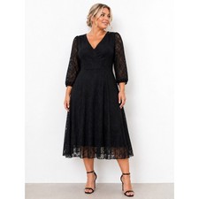 Ever Pretty Lace Midi Dress 16 Black V-Neck Ruffle High Low Hem Goth