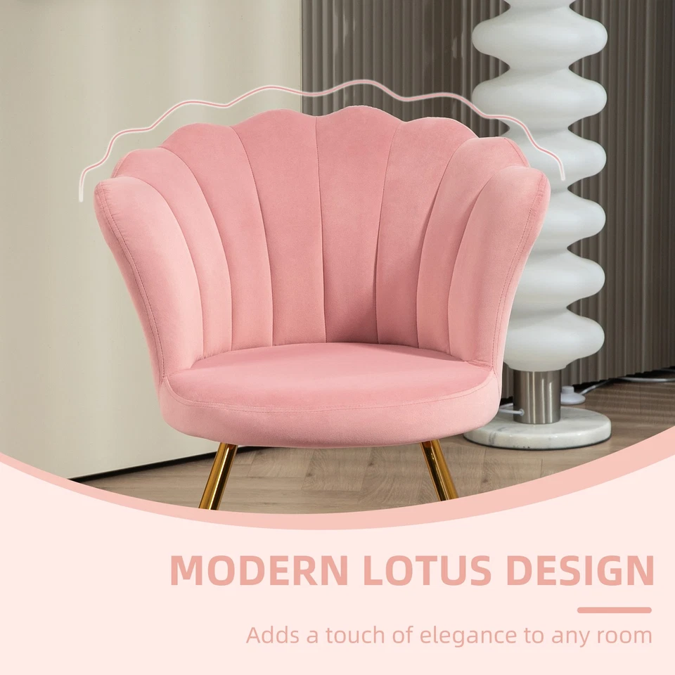 HOMCOM Accent Chair, Velvet Armchair with Lotus Backrest, Steel Legs, Pink - Image 4 of 4