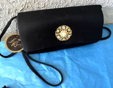 VTG La Regal Black Satin & Pearls Rhinestones Gold Hardware Evening Bag cmb