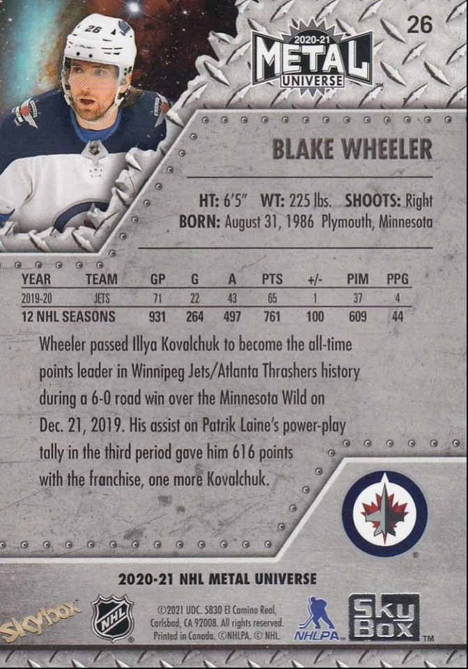 2020-21 Skybox Metal Universe Hockey Blake Wheeler Winnipeg Jets #26 - Image 2 of 2