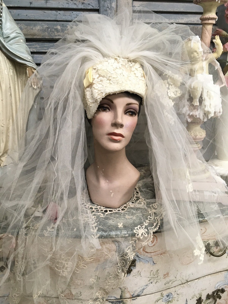 Antique ladies wedding veil 1940-1950 lace tulle & ribbon #Q