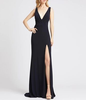 Mac Duggal 12336 Ruched V-Neck Sleeveless Low Back Detail Slit Gown SZ 2 ($298)