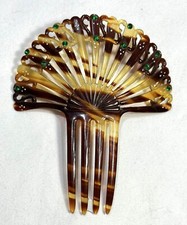 Antique Ornate Faux Tortoise Shell Hair Comb w/ Green Rhinestones - Original