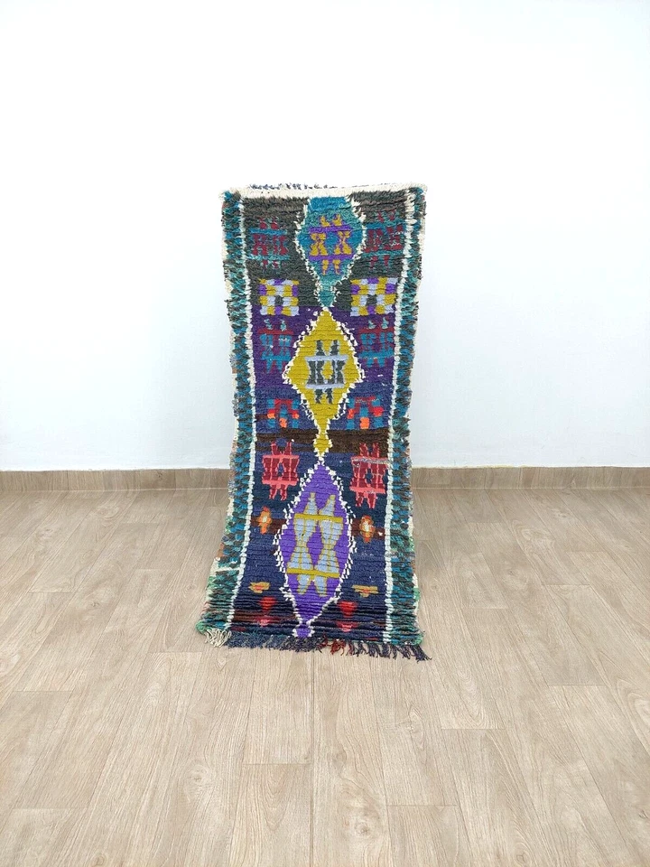 Vintage Moroccan Berber Runner Rug 2x5 Handmade Geometric Multicolor Purple Rugs - Image 3 of 4
