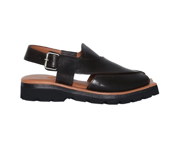 Custom Made New Mens Cowhide Streaky Leather Sandals, Black Peshawari Chappal
